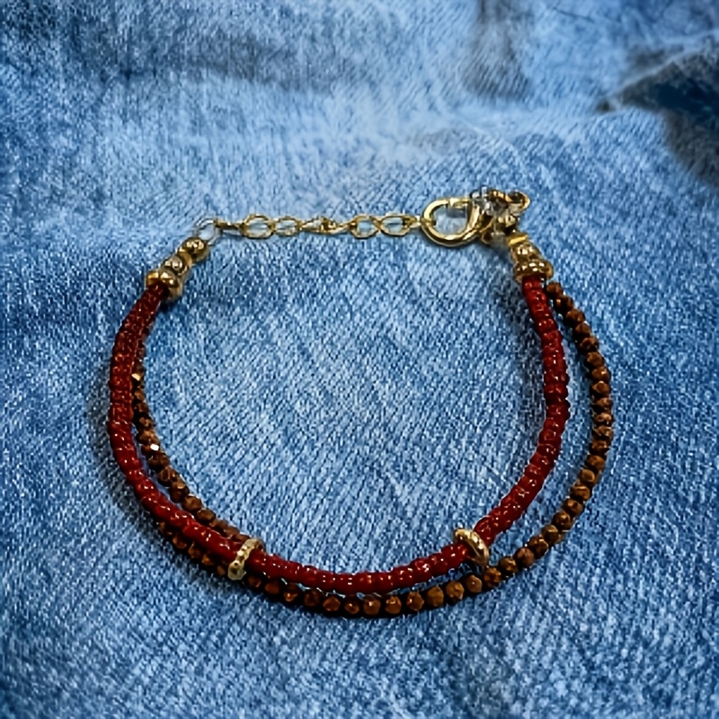 Red-Brown Dual-Color Bead Double Chain Bracelet, Versatile Design